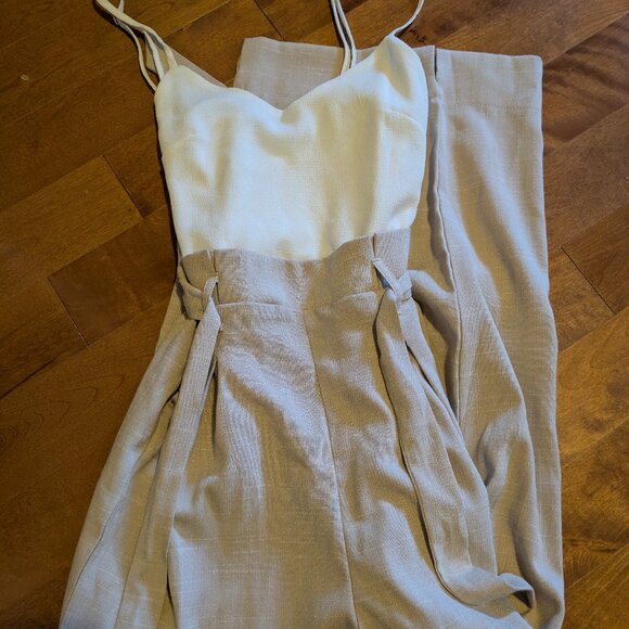 Chic Tan Jumpsuit with Paper Bag Waist and Pleated Front - Picture 1 of 2